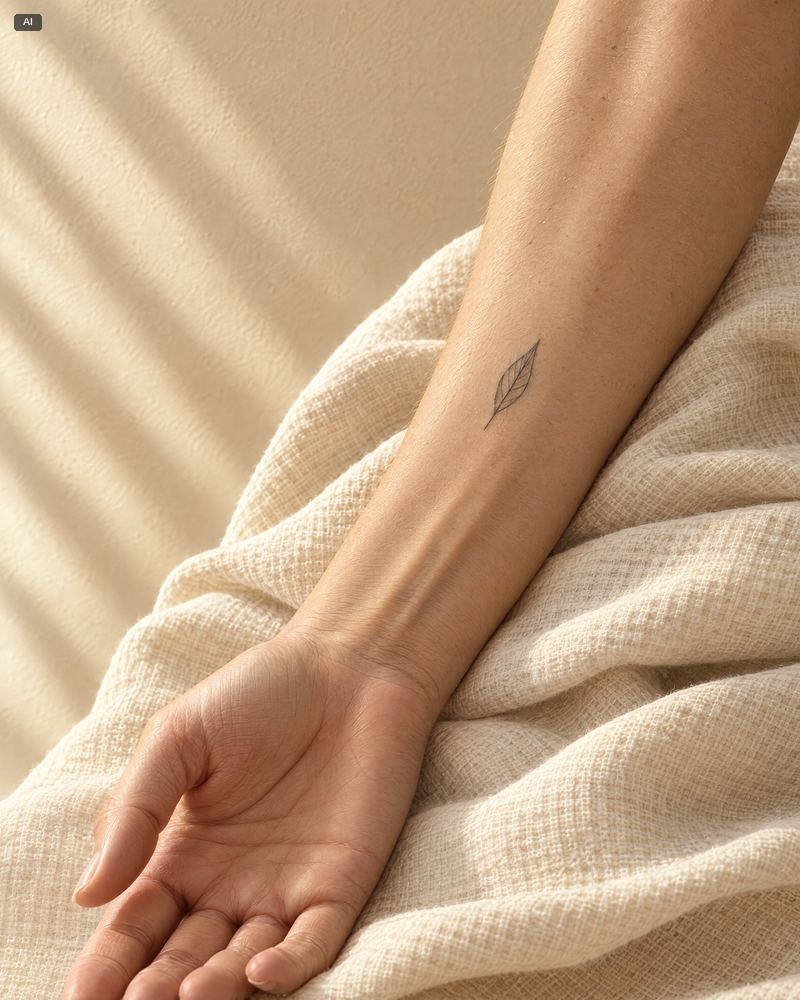 AI-genereret illustration: en lille stregtatovering af et blad på indersiden af en underarm, der hviler på linned