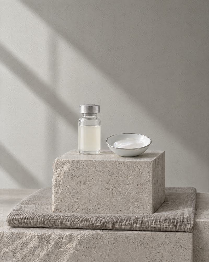 AI-genereret illustration: ubemærket glasampul ved siden af en lille porcelænsskål med perlemorsglinsende gel på en kalkstensblok